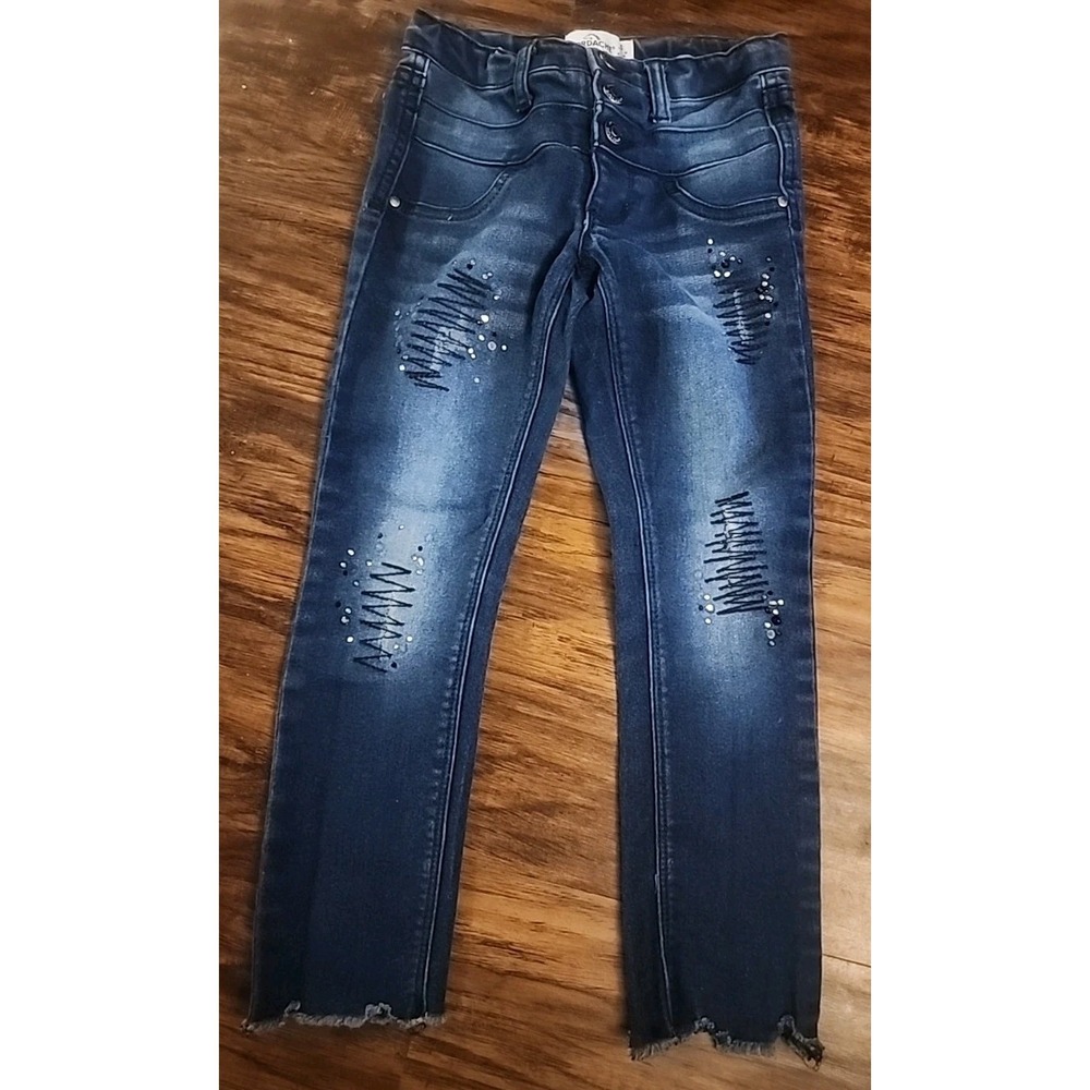 Jordache Kid's Jeans Size 6 Blue Stylish Embroidery Low Rise Distressed Skinny